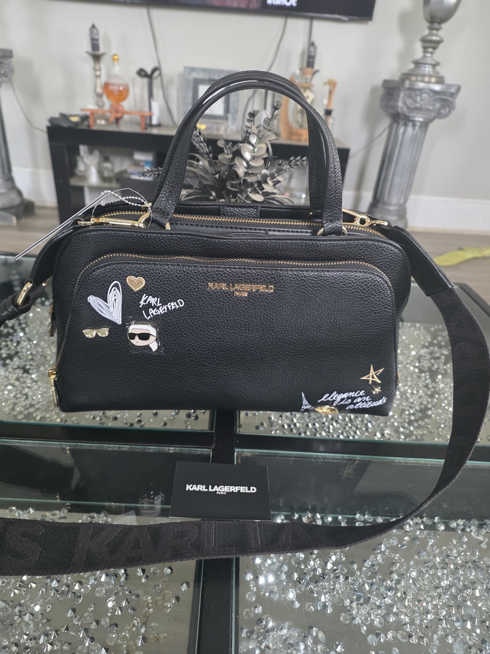 Karl Lagerfeld Black Leather Satchel with Graphic Accents NWT